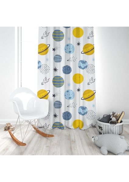 Renkli Gezegenler, Beyaz, Sarı, Ithal Kumaş Çocuk ve Bebek Odası Fon Perde - 1 Kanat modelleri