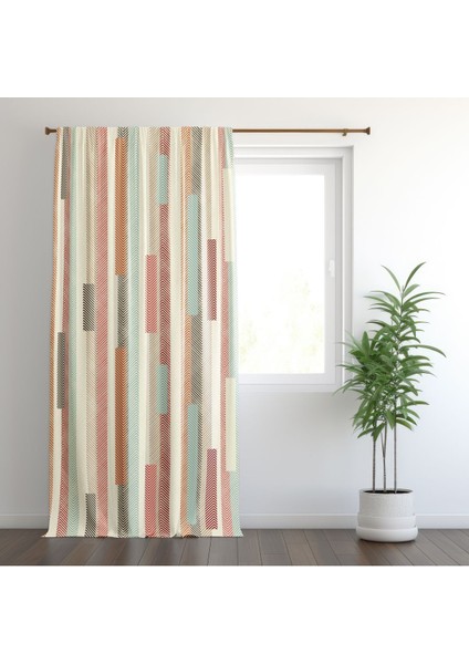 Renkli Soyut, Çizgili Perde, Krem, Pembe, Ithal Kumaş, Oturma Odası, Salon, Fon Perde - 1 Kanat
