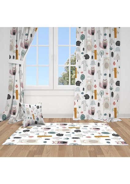 Sevimli Orman Hayvanları, Beyaz Zemin, Ithal Kumaş, Çocuk ve Bebek Odası Fon Perde - 1 Kanat