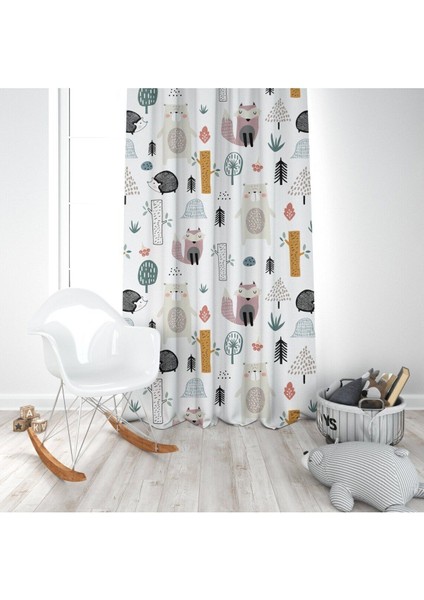 Sevimli Orman Hayvanları, Beyaz Zemin, Ithal Kumaş, Çocuk ve Bebek Odası Fon Perde - 1 Kanat modelleri