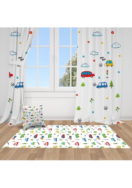 Beyaz, Renkli Arabalar, Ithal Kumaş, Çocuk ve Bebek Odası Fon Perde - 1 Kanat