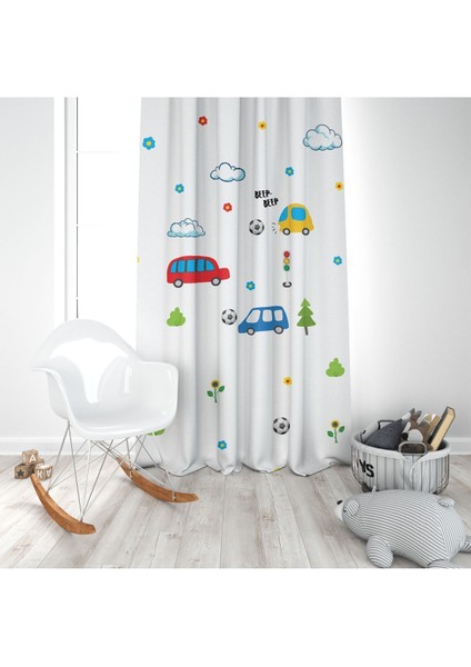 Beyaz, Renkli Arabalar, Ithal Kumaş, Çocuk ve Bebek Odası Fon Perde - 1 Kanat modelleri