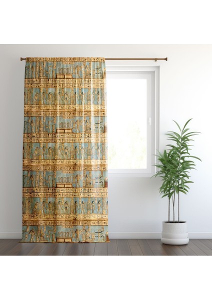 Etnik Mısır Figürleri, Hardal, Sarı, Ithal Kumaş, Çalışma Odası, Genç Odası,fon Perde - 1 Kanat