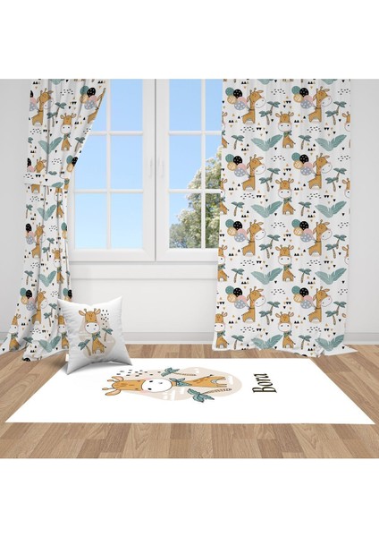 Sevimli Zürafalar, Beyaz, Turuncu, Ithal Kumaş, Çocuk ve Bebek Odası Fon Perde - 1 Kanat