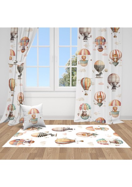 Uçan Balon 3D Hayvanlar, Beyaz, Kahverengi, Ithal Kumaş, Çocuk ve Bebek Odası Fon Perde - 1 Kanat