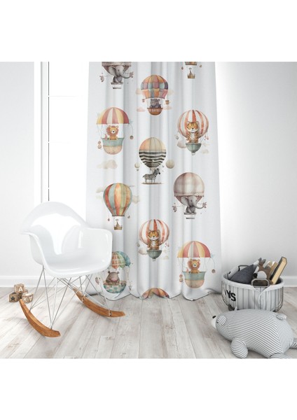 Uçan Balon 3D Hayvanlar, Beyaz, Kahverengi, Ithal Kumaş, Çocuk ve Bebek Odası Fon Perde - 1 Kanat modelleri