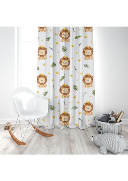 Aslan Kral, Beyaz, Kahverengi, Ithal Kumaş, Çocuk ve Bebek Odası Fon Perde - 1 Kanat modelleri