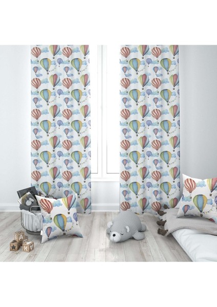 Suluboya Renkli Balonlar,mavi, Sarı, Ithal Kumaş, Çocuk ve Bebek Odası Fon Perde - 1 Kanat
