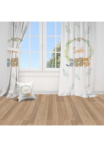 Orman Hayvanları ve Arkadaşları, Beyaz, Yeşil, Ithal Kumaş, Çocuk ve Bebek Odası Fon Perde - 1 Kanat