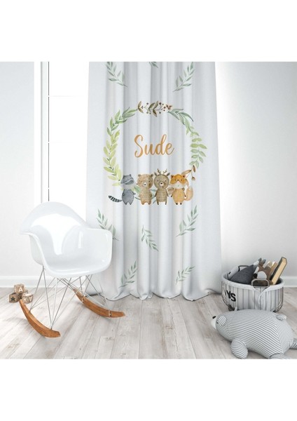 Orman Hayvanları ve Arkadaşları, Beyaz, Yeşil, Ithal Kumaş, Çocuk ve Bebek Odası Fon Perde - 1 Kanat modelleri