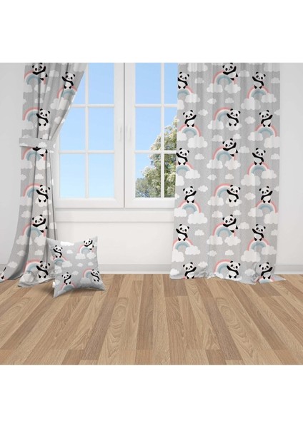 Gökkuşağı ve Panda, Gri, Beyaz, Ithal Kumaş, Çocuk ve Bebek Odası Fon Perde - 1 Kanat