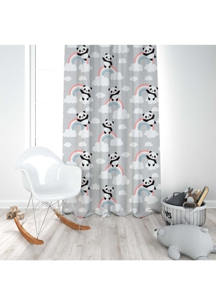 Gökkuşağı ve Panda, Gri, Beyaz, Ithal Kumaş, Çocuk ve Bebek Odası Fon Perde - 1 Kanat modelleri