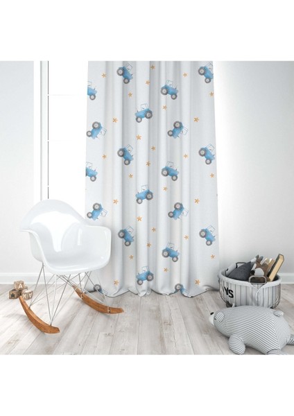 Mavi Traktör, Beyaz, Mavi, Ithal Kumaş, Çocuk ve Bebek Odası Fon Perde - 1 Kanat modelleri