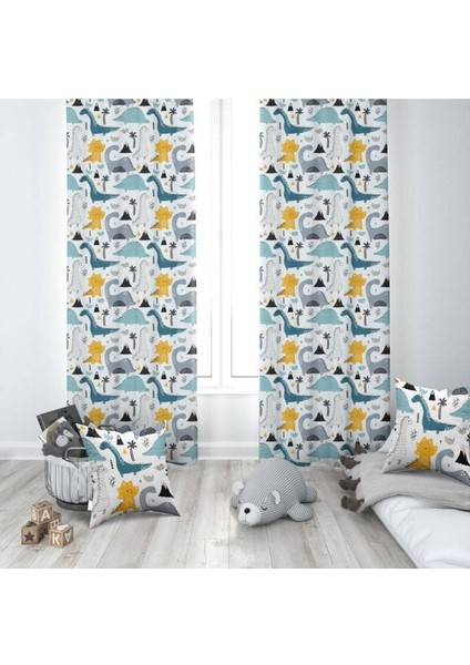 Iskandinav Stili Dinazorlar, Mavi, Sarı, Ithal Kumaş, Çocuk ve Bebek Odası Fon Perde - 1 Kanat