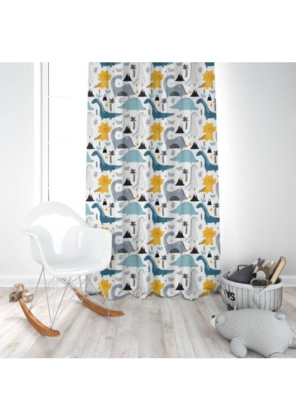 Iskandinav Stili Dinazorlar, Mavi, Sarı, Ithal Kumaş, Çocuk ve Bebek Odası Fon Perde - 1 Kanat modelleri