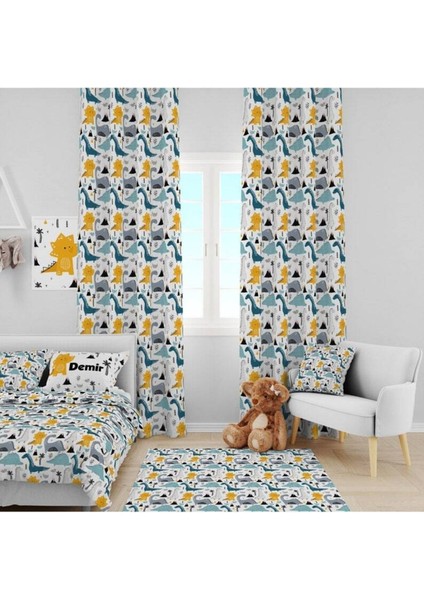 Iskandinav Stili Dinazorlar, Mavi, Sarı, Ithal Kumaş, Çocuk ve Bebek Odası Fon Perde - 1 Kanat fırsatları