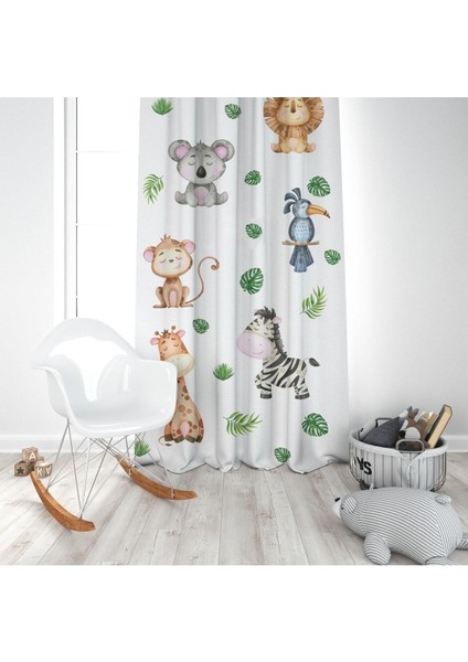 Orman Hayvanları, Beyaz, Yeşil, Ithal Kumaş, Çocuk ve Bebek Odası Fon Perde - 1 Kanat modelleri