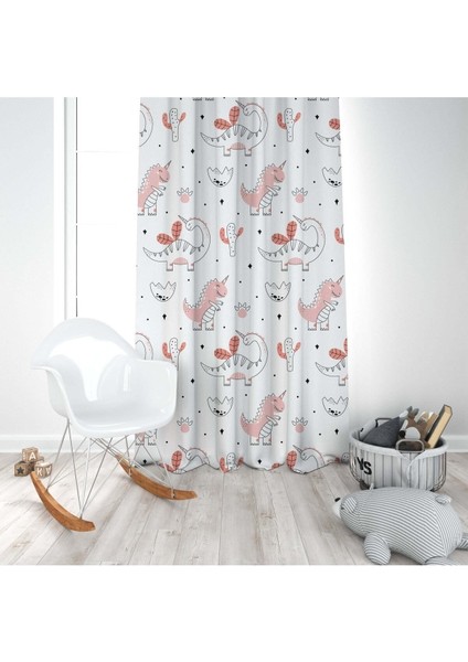 Pembe Sevimli Dinazorlar, Beyaz, Pembe, Ithal Kumaş, Çocuk ve Bebek Odası Fon Perde - 1 Kanat modelleri