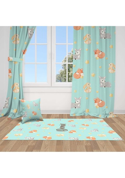 Tavşan, Geyik, Tilki Orman Hayvanlı, Yeşil, Ithal Kumaş, Çocuk ve Bebek Odası Fon Perde - 1 Kanat