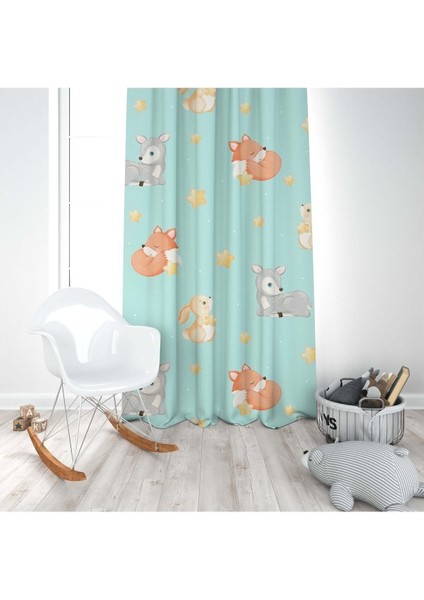 Tavşan, Geyik, Tilki Orman Hayvanlı, Yeşil, Ithal Kumaş, Çocuk ve Bebek Odası Fon Perde - 1 Kanat modelleri