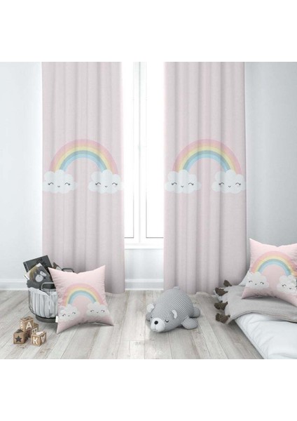 Gökkuşağı ve Bulutlar, Pembe, Ithal Kumaş, Çocuk ve Bebek Odası Fon Perde - 1 Kanat