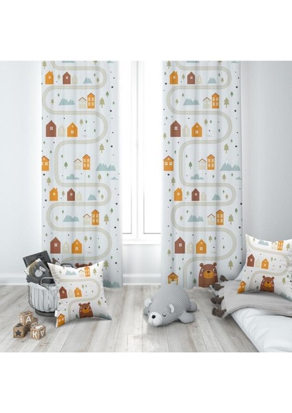 Iskandinav Stili, Ayı, Beyaz, Turuncu, Ithal Kumaş, Çocuk ve Bebek Odası Fon Perde - 1 Kanat