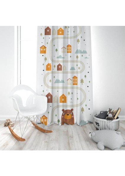 Iskandinav Stili, Ayı, Beyaz, Turuncu, Ithal Kumaş, Çocuk ve Bebek Odası Fon Perde - 1 Kanat modelleri