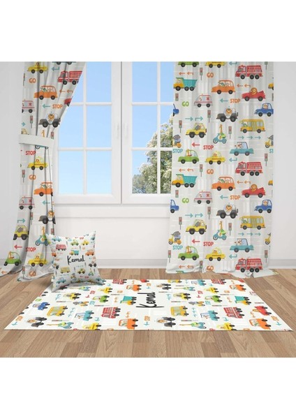 Renkli Arabalar, Beyaz, Turuncu, Sarı, Ithal Kumaş, Çocuk ve Bebek Odası Fon Perde - 1 Kanat