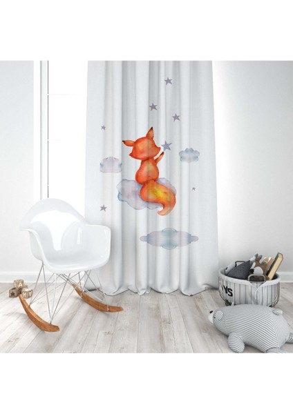 Sulu Boya Efektli, Yıldız Tutan Tilki, Beyaz, Turuncu, Çocuk ve Bebek Odası Fon Perde - 1 Kanat modelleri