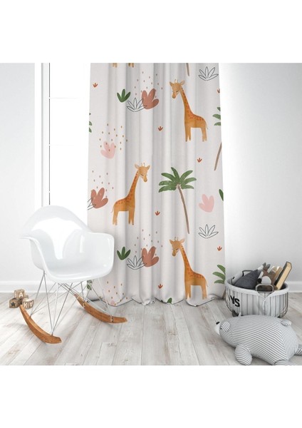 Sulu Boya Efektli, Zürafalar, Beyaz, Turuncu, Ithal Kumaş, Çocuk ve Bebek Odası Fon Perde - 1 Kanat modelleri