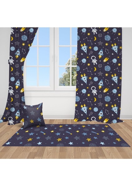 Uzay Gemisi ve Astronot, Siyah, Mavi, Çocuk ve Bebek Odası Fon Perde 1 Kanat