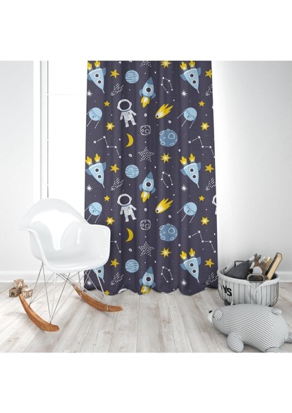 Uzay Gemisi ve Astronot, Siyah, Mavi, Çocuk ve Bebek Odası Fon Perde 1 Kanat modelleri