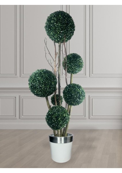 Yapay Ağaç Gümüş Kemerli Beyaz Galvaniz Saksıda Yeşil Top Şimşir Ağacı 6 Toplu 175cm Yapay Çiçek