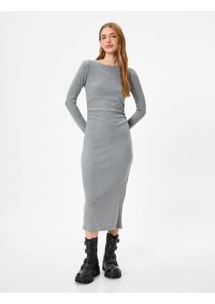 Midi Boy Kalem Elbise Fitilli Uzun Kollu Bisiklet Yaka Slim Fit
