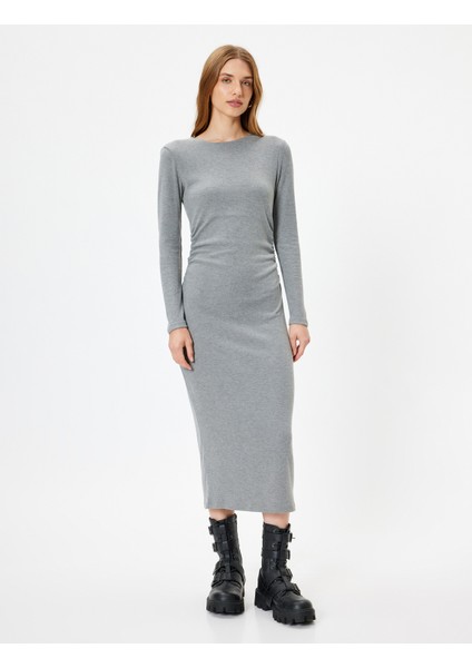 Midi Boy Kalem Elbise Fitilli Uzun Kollu Bisiklet Yaka Slim Fit