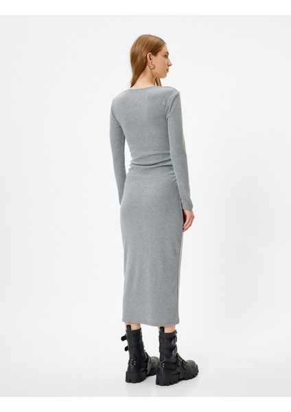 Midi Boy Kalem Elbise Fitilli Uzun Kollu Bisiklet Yaka Slim Fit