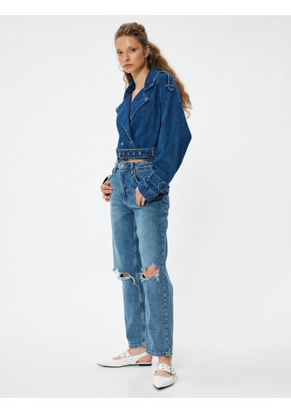 Normal Bel Düz Paça Yıpratılmış Kot Pantolon - Straight Fit Jeans