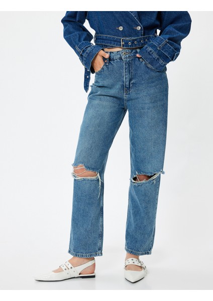 Normal Bel Düz Paça Yıpratılmış Kot Pantolon - Straight Fit Jeans