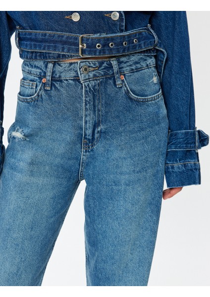 Normal Bel Düz Paça Yıpratılmış Kot Pantolon - Straight Fit Jeans