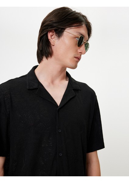 Kısa Kollu Gömlek Devrik Yaka Pamuk Karışımlı