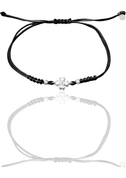 Gümüş Rodyumlu Zirkon Taşlı Dorica Toplu Siyah Ipli Yonca Şans Bileklik SGTL12524SIYAH