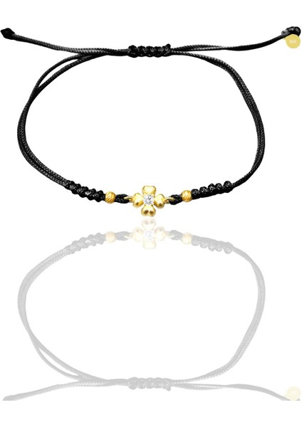 Gümüş Altın Yaldızlı Zirkon Taşlı Dorica Toplu Siyah Ipli Yonca Şans Bileklik SGTL12523SIYAH