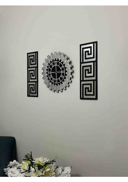 Tablo Duvar Saati Siyah - Gümüş Aynalı Pleksiglass Piyano Model Modern Roma Rakamlı 80 x 50 cm