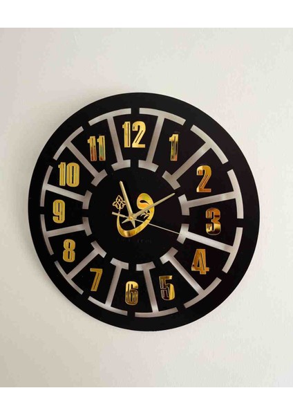Dekoratif Duvar Saati Siyah - Gold Ahşap Aynalı Pleksi 40 X40 cm
