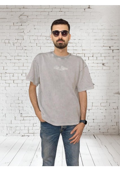 Oversize Yıkamalı Kumaş Düz Renk T-Shirt