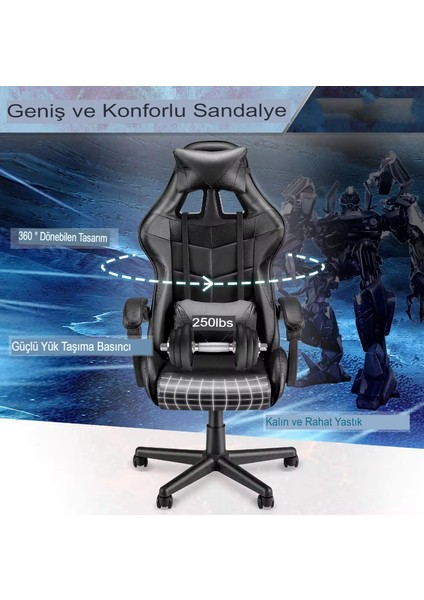 Gri Desen Profesyonel Oyuncu Koltuğu Gaming Kol Ayarlı Yönetici Ofis Koltuğu Sandalyesi