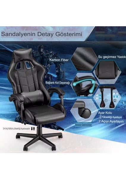 Gri Desen Profesyonel Oyuncu Koltuğu Gaming Kol Ayarlı Yönetici Ofis Koltuğu Sandalyesi