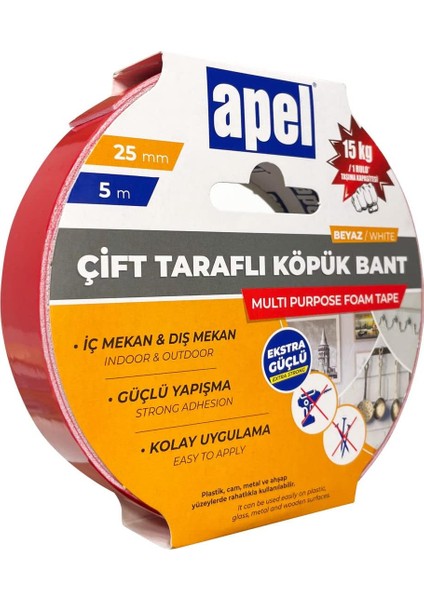 Çift Taraflı Köpük Bant Askılı Karton 25 mm x 5 M Beyaz