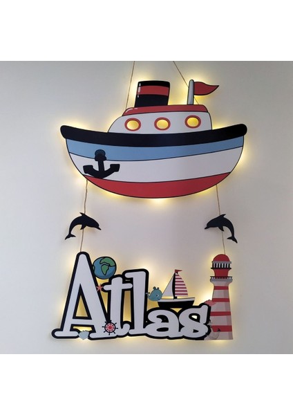 Denizci Konsepti Gemili Ahşap Kapı Süsü Isme Özel ve Işıklı