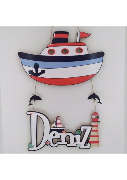 Denizci Konsepti Gemili Ahşap Kapı Süsü Isme Özel ve Işıklı modelleri